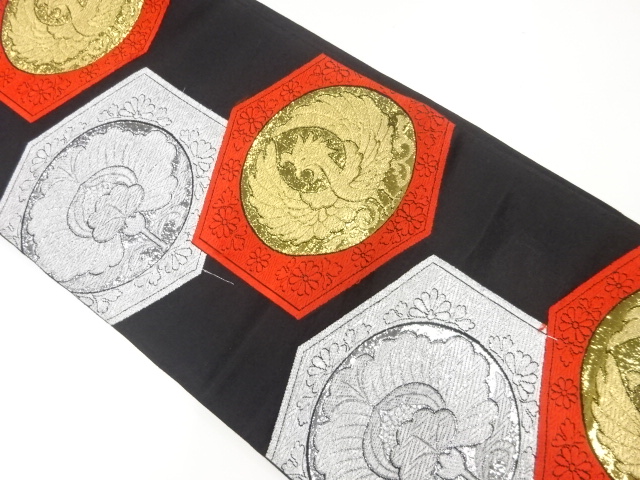 アンティーク　亀甲に鳳凰・花模様織出し袋帯（材料）